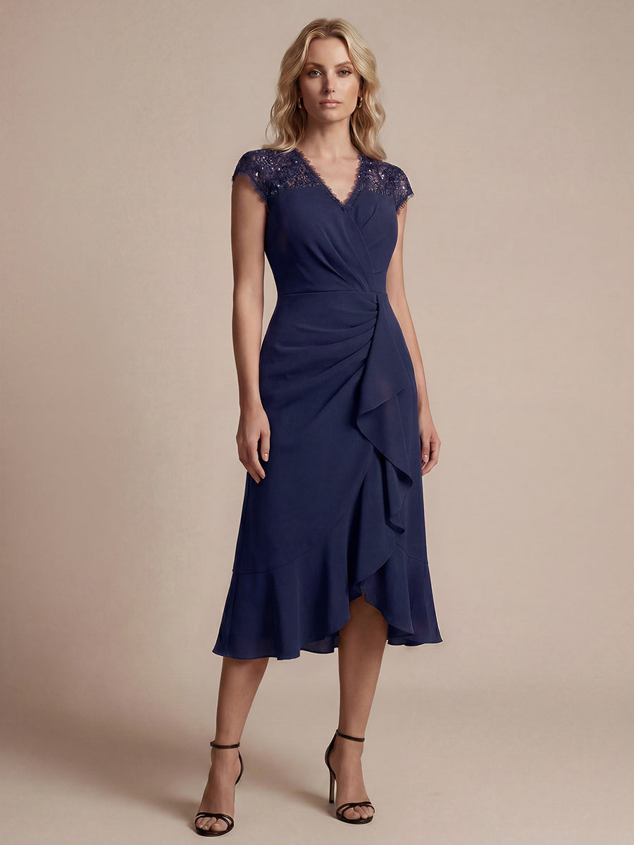 Midi Tea L?nge Meerjungfrau Kleid ¨¹berkreuzter Ausschnitt Spitze Pailletten Volants #Farbe_Marineblau