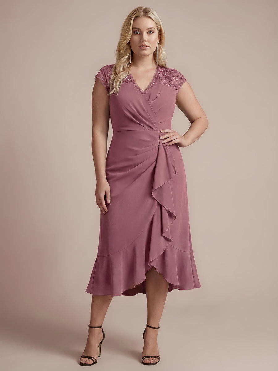 Midi Tea L?nge Meerjungfrau Kleid ¨¹berkreuzter Ausschnitt Spitze Pailletten Volants #Farbe_Orchideenviolett