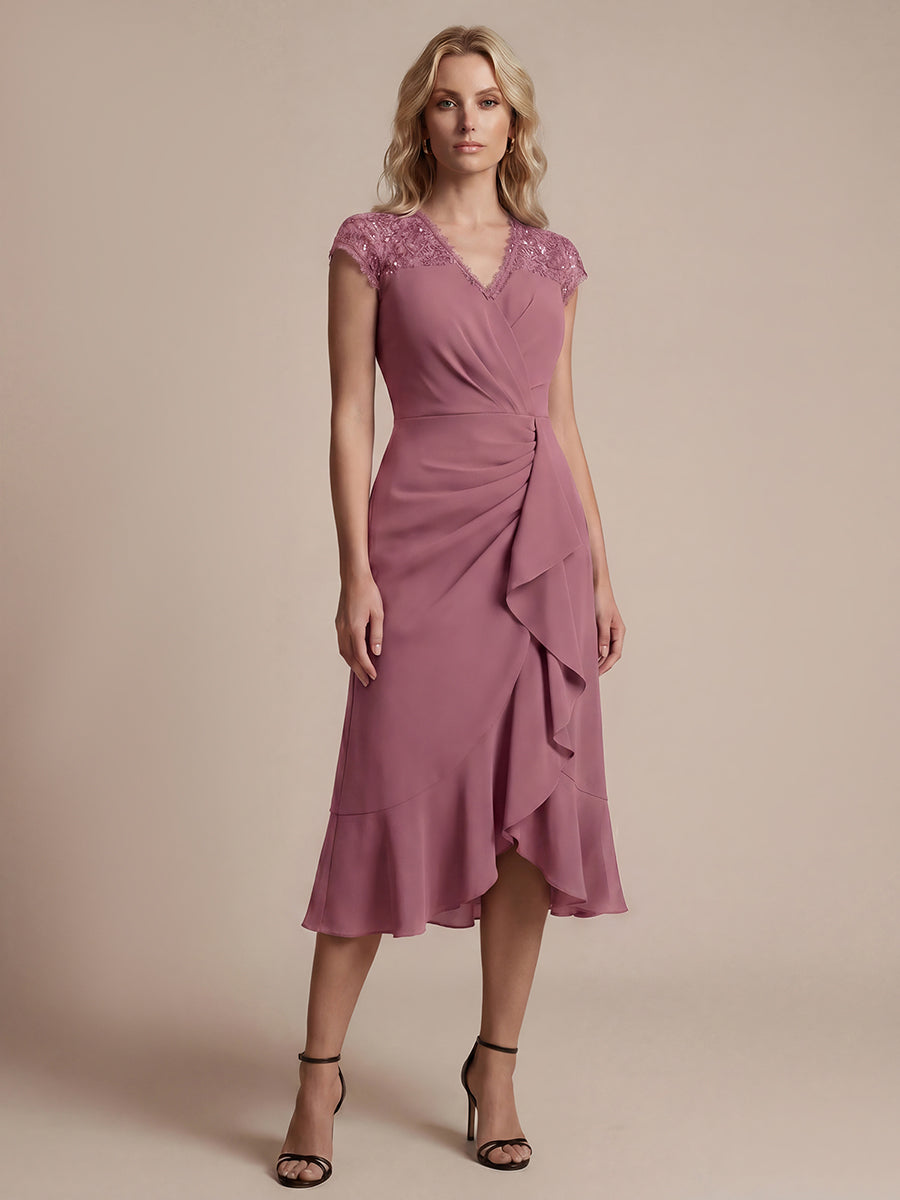 Midi Tea L?nge Meerjungfrau Kleid ¨¹berkreuzter Ausschnitt Spitze Pailletten Volants #Farbe_Orchideenviolett