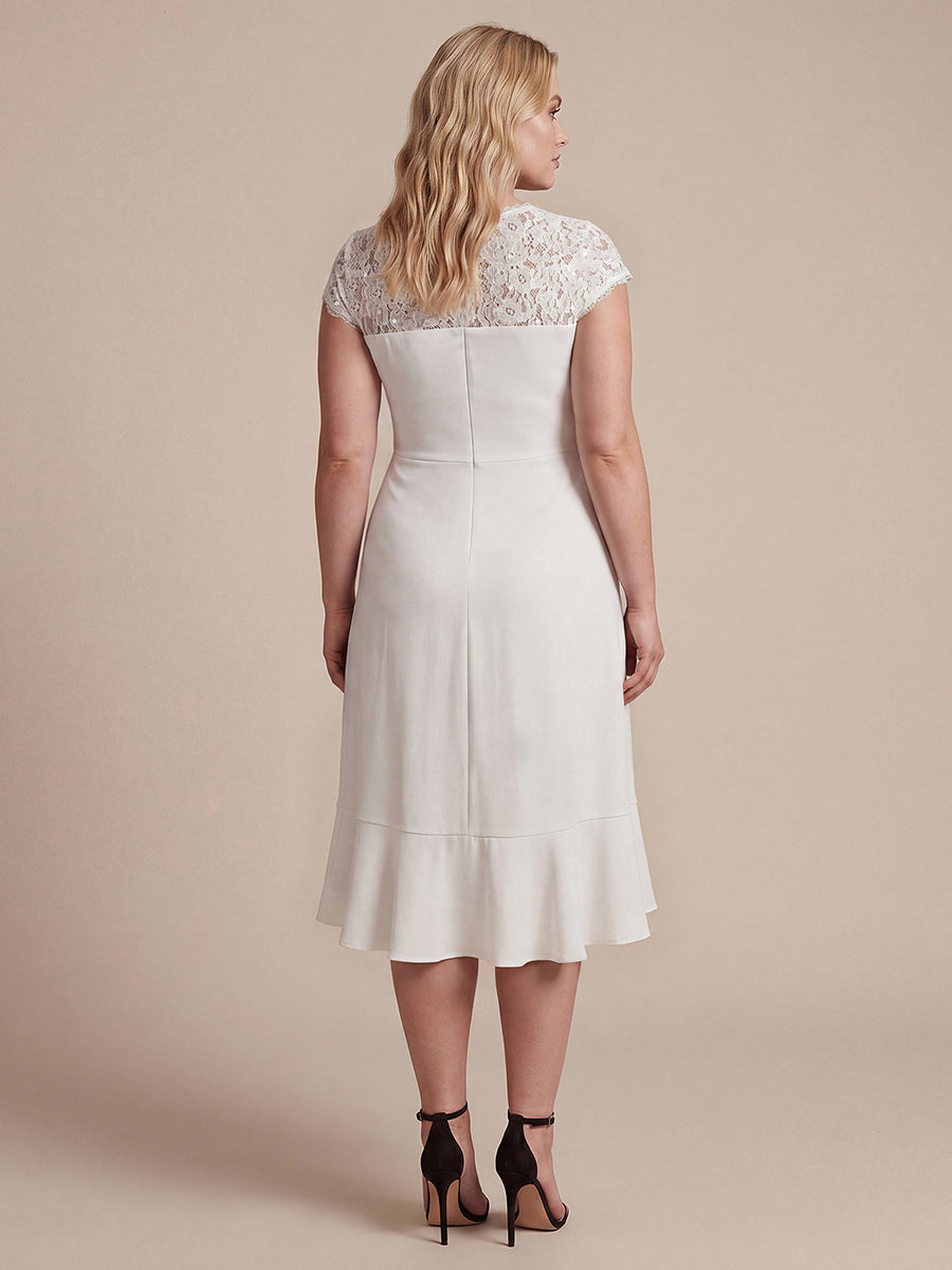 Midi Tea L?nge Meerjungfrau Kleid ¨¹berkreuzter Ausschnitt Spitze Pailletten Volants #Farbe_Weiß