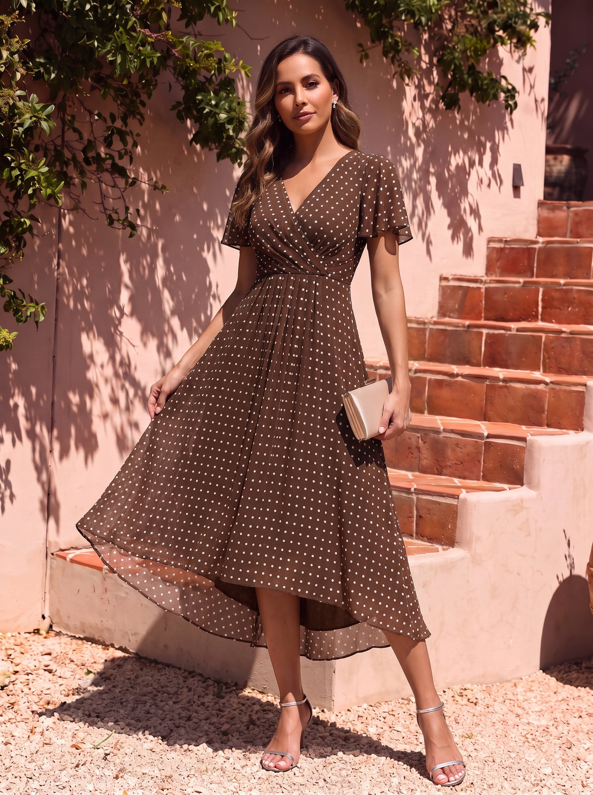 Asymmetrischer Saum V-Ausschnitt A-Linie Chiffon Kleid R¨¹schendetails Gepunkteter Druck #Farbe_Braune Punkte