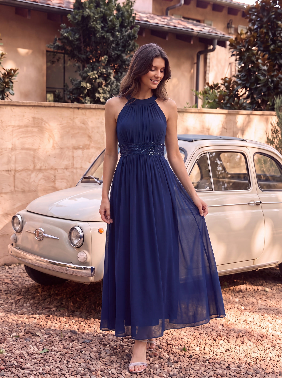 Maxilänge Halternacken Ausschnitt A-Linien Kleid Aus Chiffon Mit Corsage Für Elegante Anlässe Kleid #Farbe_Marineblau