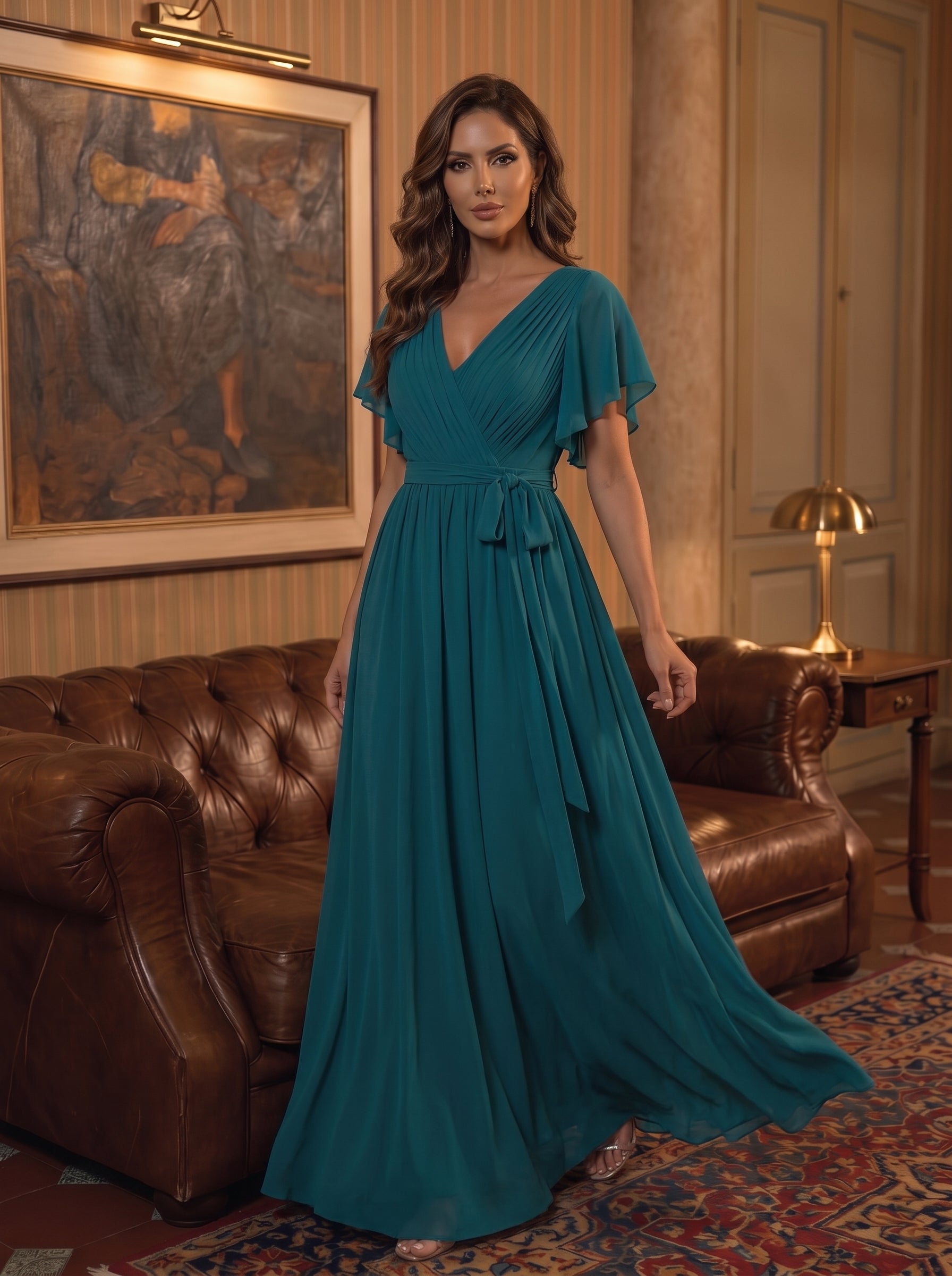 V-Ausschnitt kurze Ärmel Bodenlaenge A-Linie Chiffon Abendkleider #Farbe_Petrol