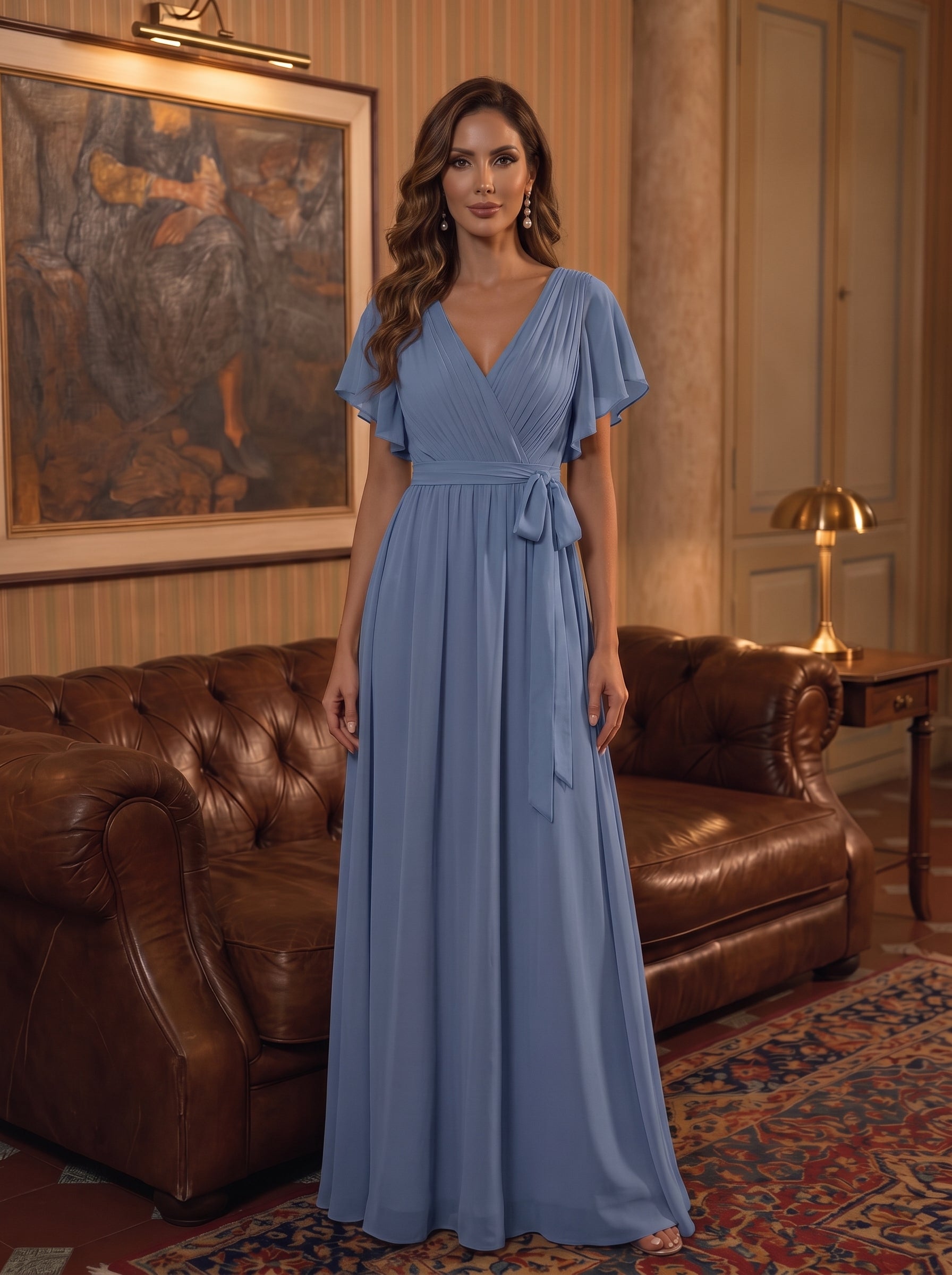 V-Ausschnitt kurze Ärmel Bodenlaenge A-Linie Chiffon Abendkleider #Farbe_Taubenblau