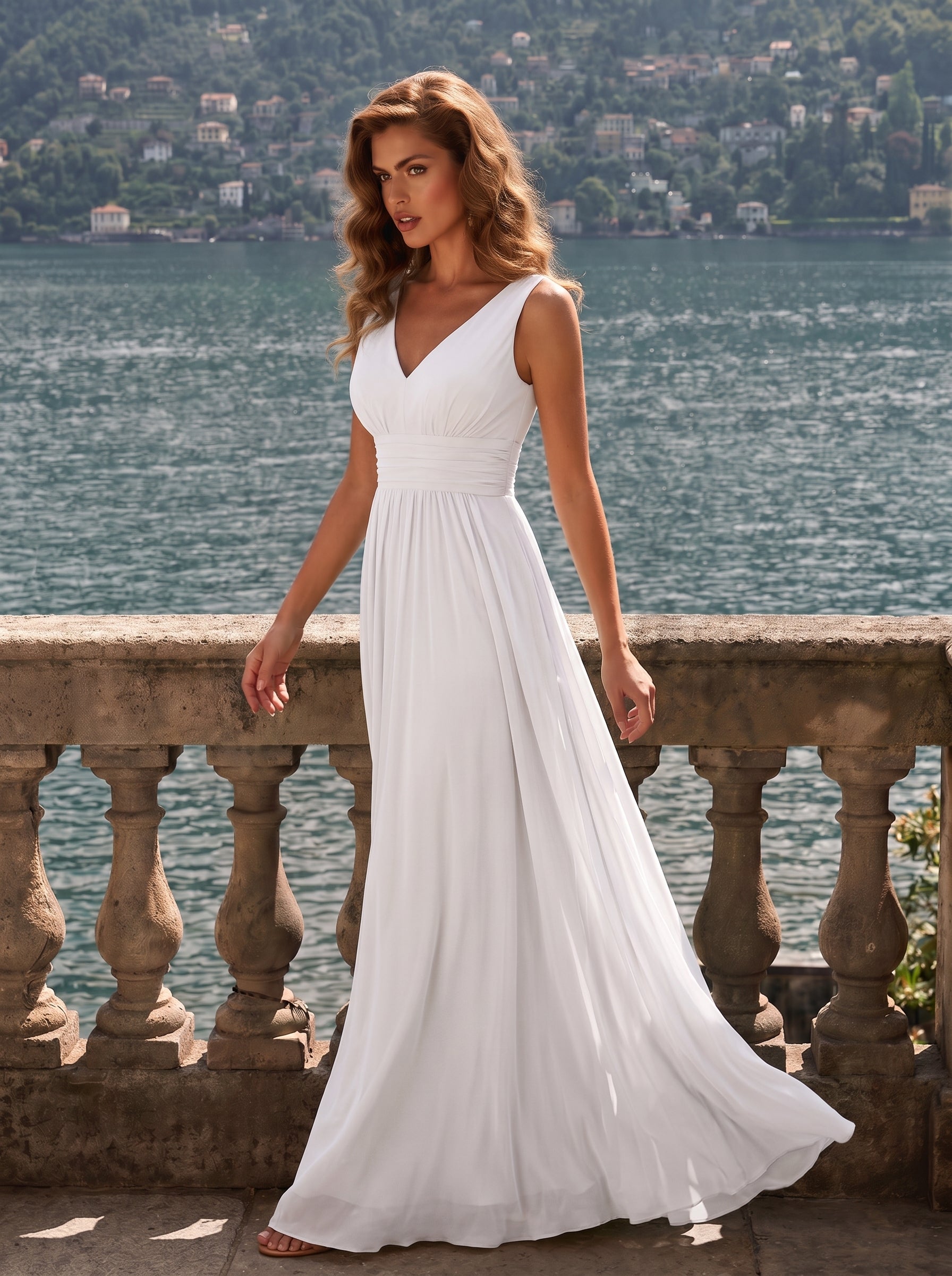 Bodenlanger A-Linien Chiffon Kleid Mit Tiefem V-Ausschnitt Eleganz Kleid #Farbe_Weiß