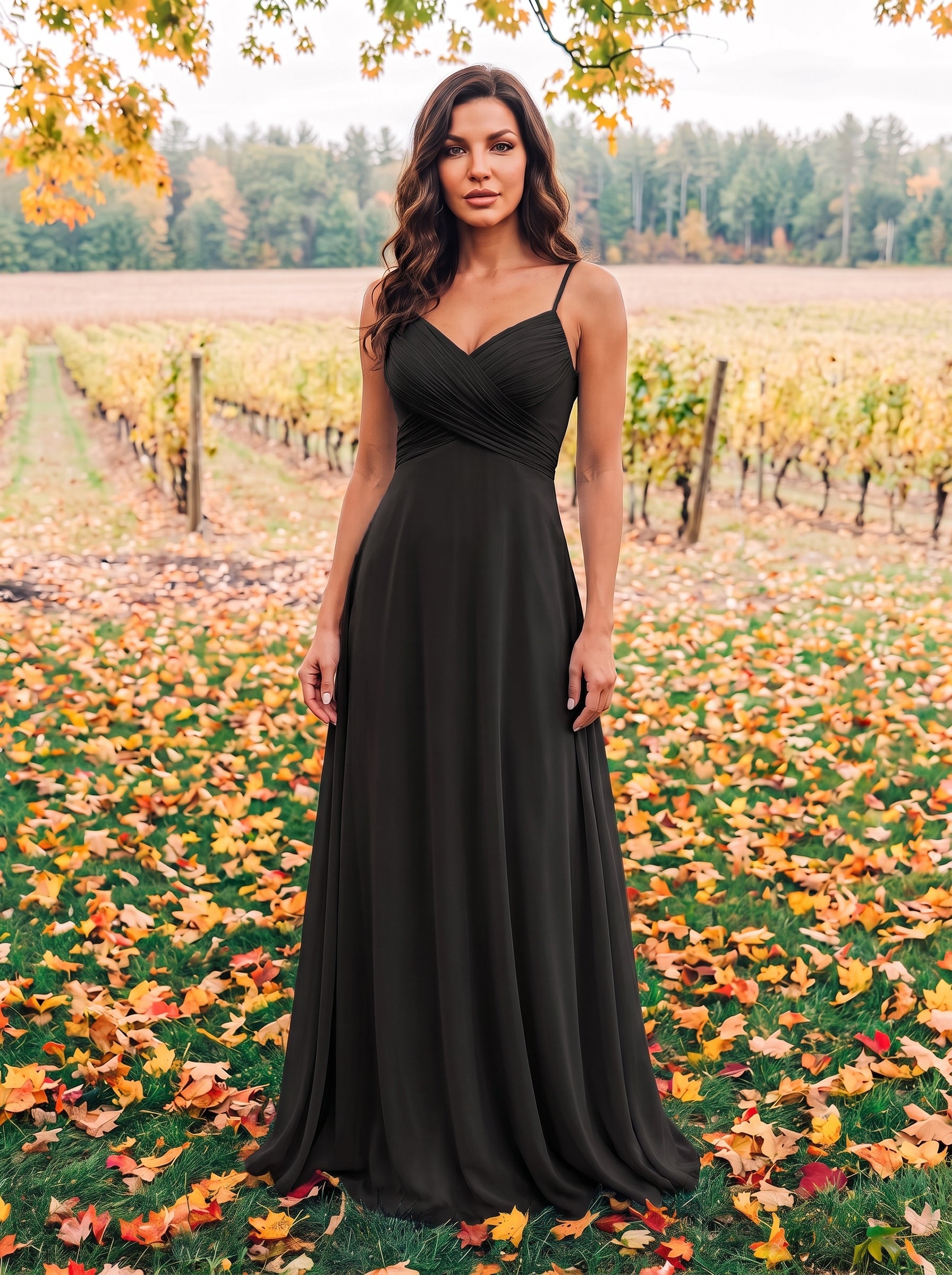 Brautjungfernkleid mit V-Ausschnitt schmalen Trägern und bodenlangem Rock #Farbe_Schwarz