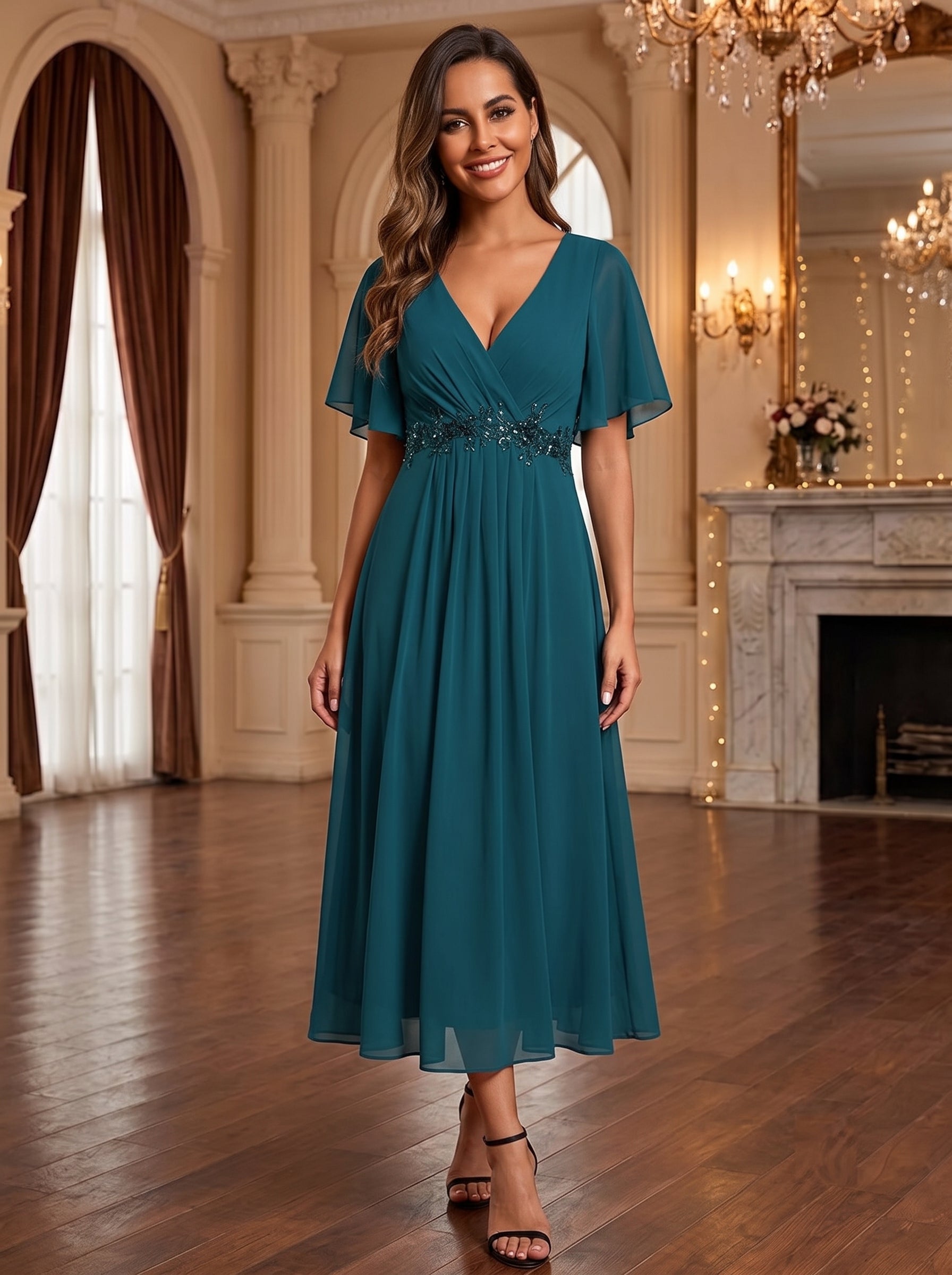 Midi Länge V-Ausschnitt A-Linie Chiffon Kleid Mit Applikationen Und Raffung Details Kleid #Farbe_Petrol
