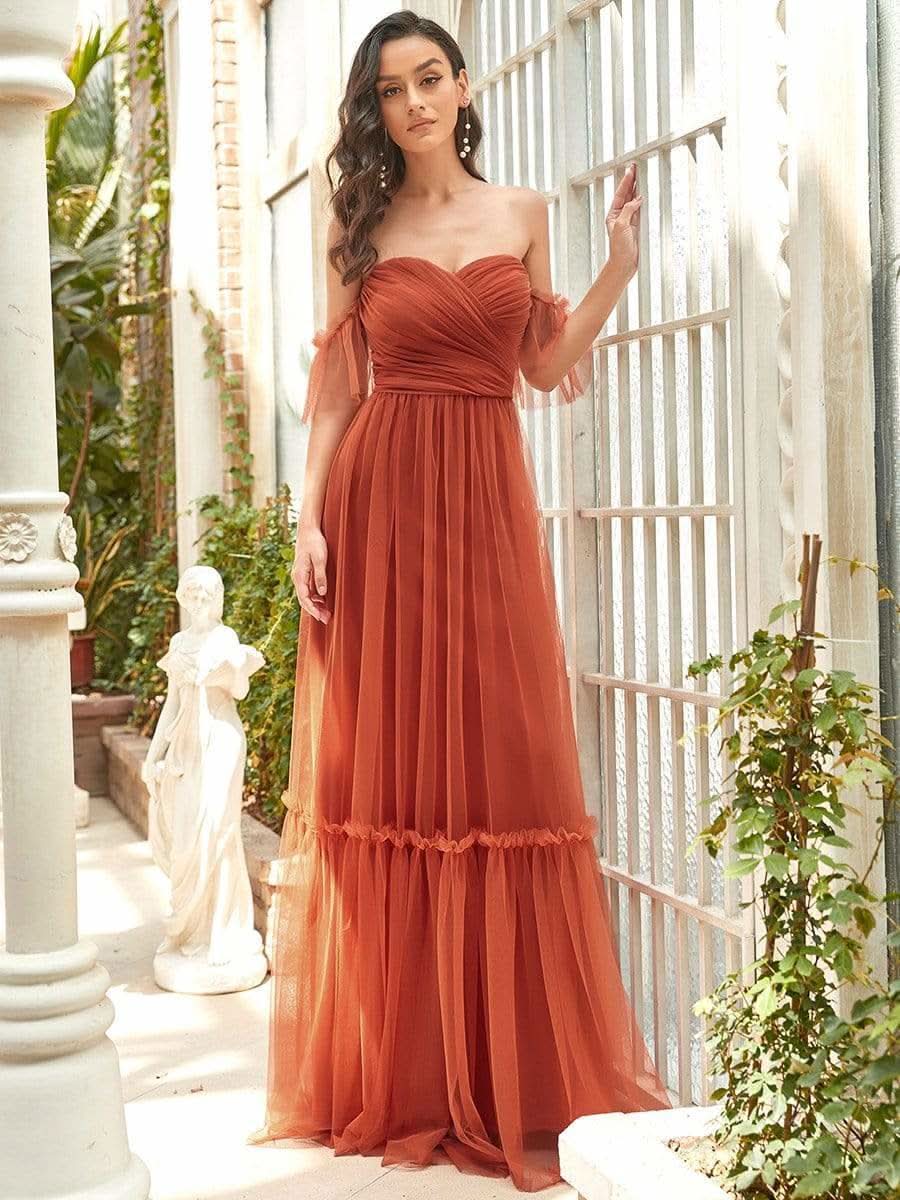 Schulterfreies plissiertes Tüll-Abendkleid mit Herzausschnitt #Farbe_Gebrannte Orange