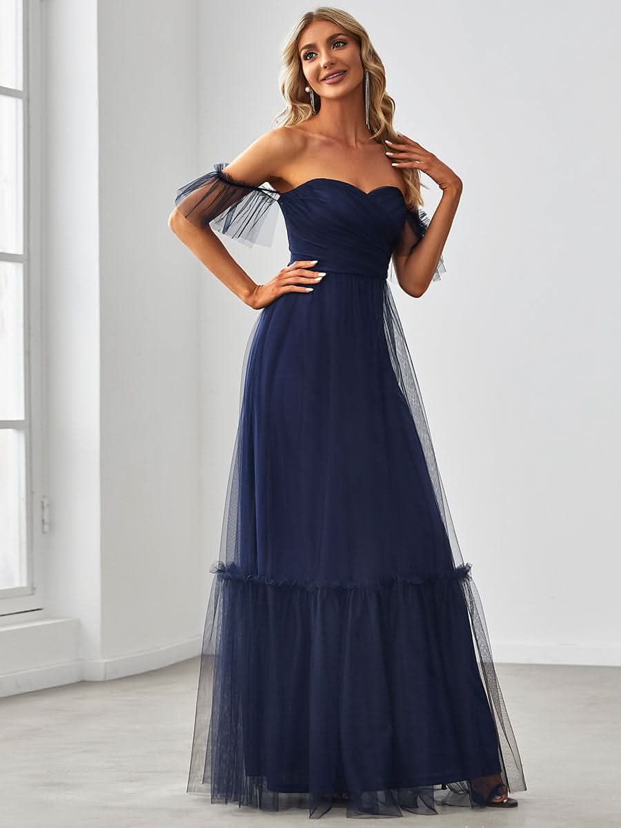 Schulterfreies plissiertes Tüll-Abendkleid mit Herzausschnitt #Farbe_Navy Blau