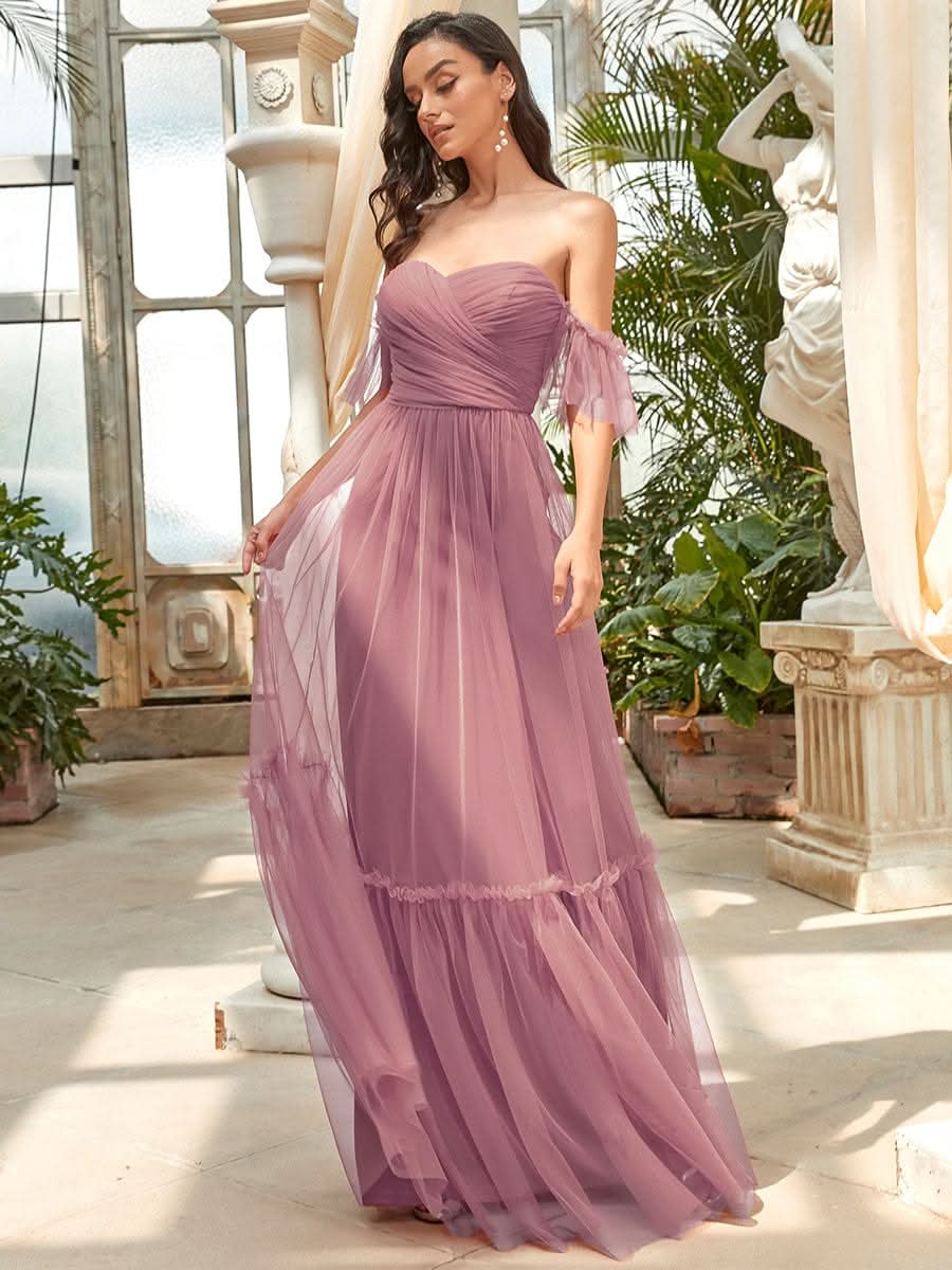 Schulterfreies plissiertes Tüll-Abendkleid mit Herzausschnitt #Farbe_Orchid