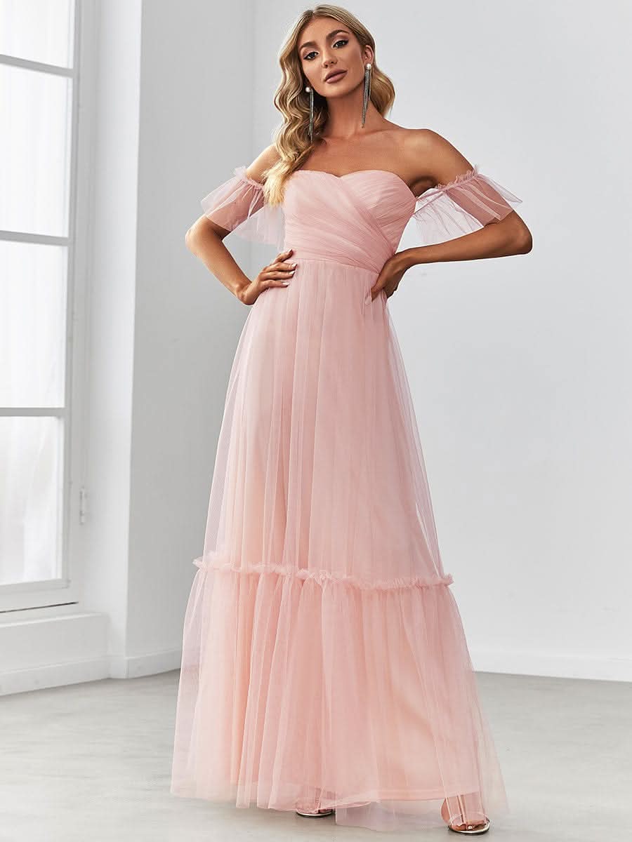 Schulterfreies plissiertes Tüll-Abendkleid mit Herzausschnitt #Farbe_Rosa