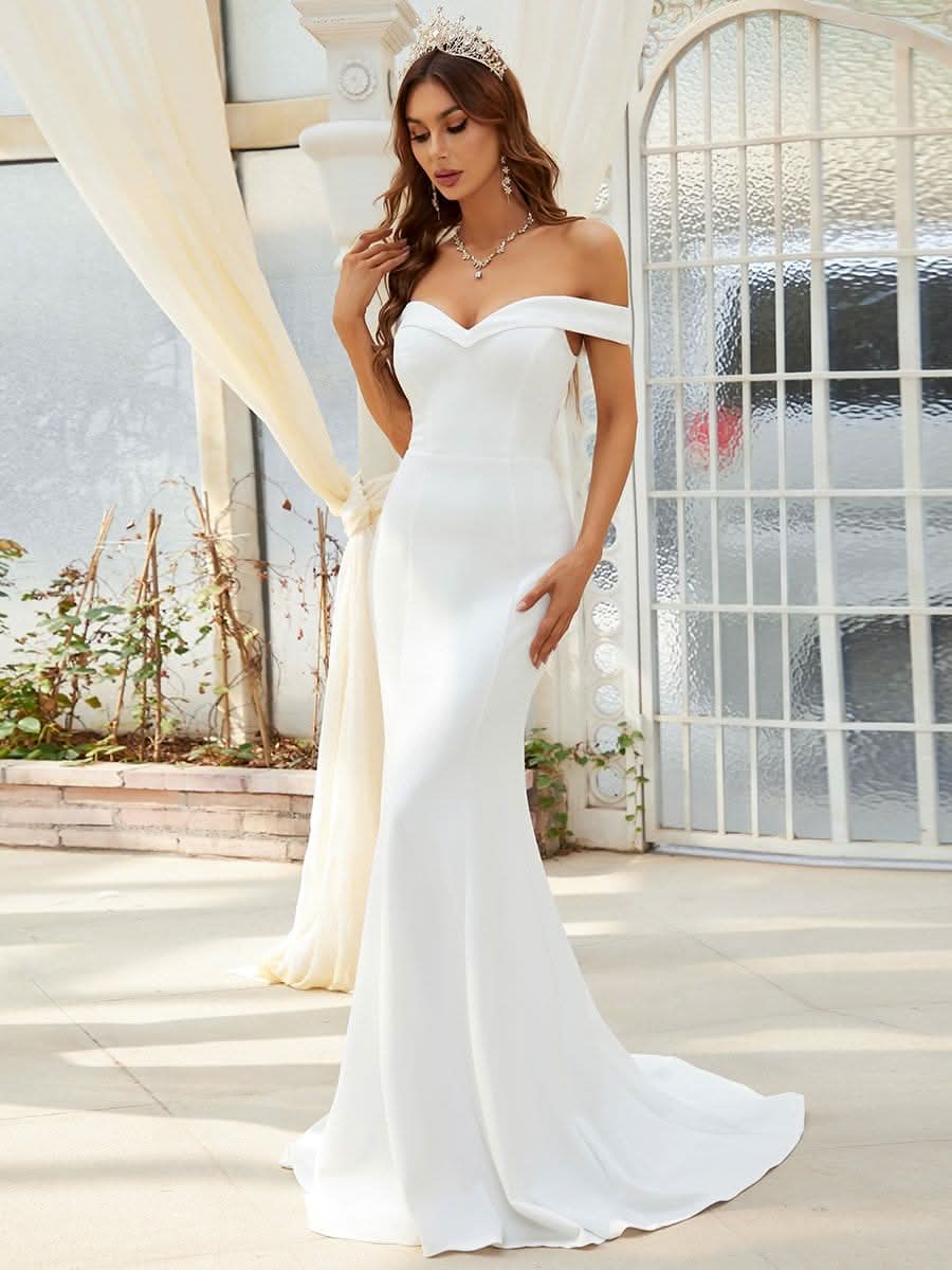 Color=Cream | Plain Solid Color Off Schulter Meerjungfrau Brautkleider 00247-Cream 4