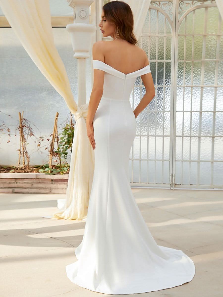 Color=Cream | Plain Solid Color Off Schulter Meerjungfrau Brautkleider 00247-Cream 2