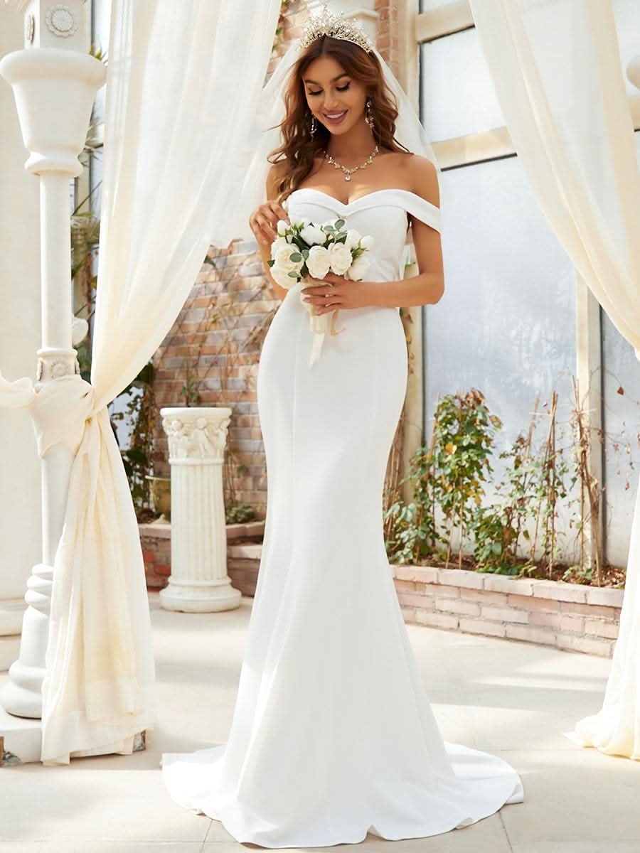 Color=Cream | Plain Solid Color Off Schulter Meerjungfrau Brautkleider 00247-Cream 1