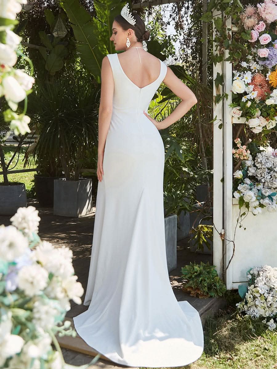 Color=Weiss | Sleeveless V-Ausschnitt Bodenlaenge Fishtail Split Hochzeitskleider-Weiss 2