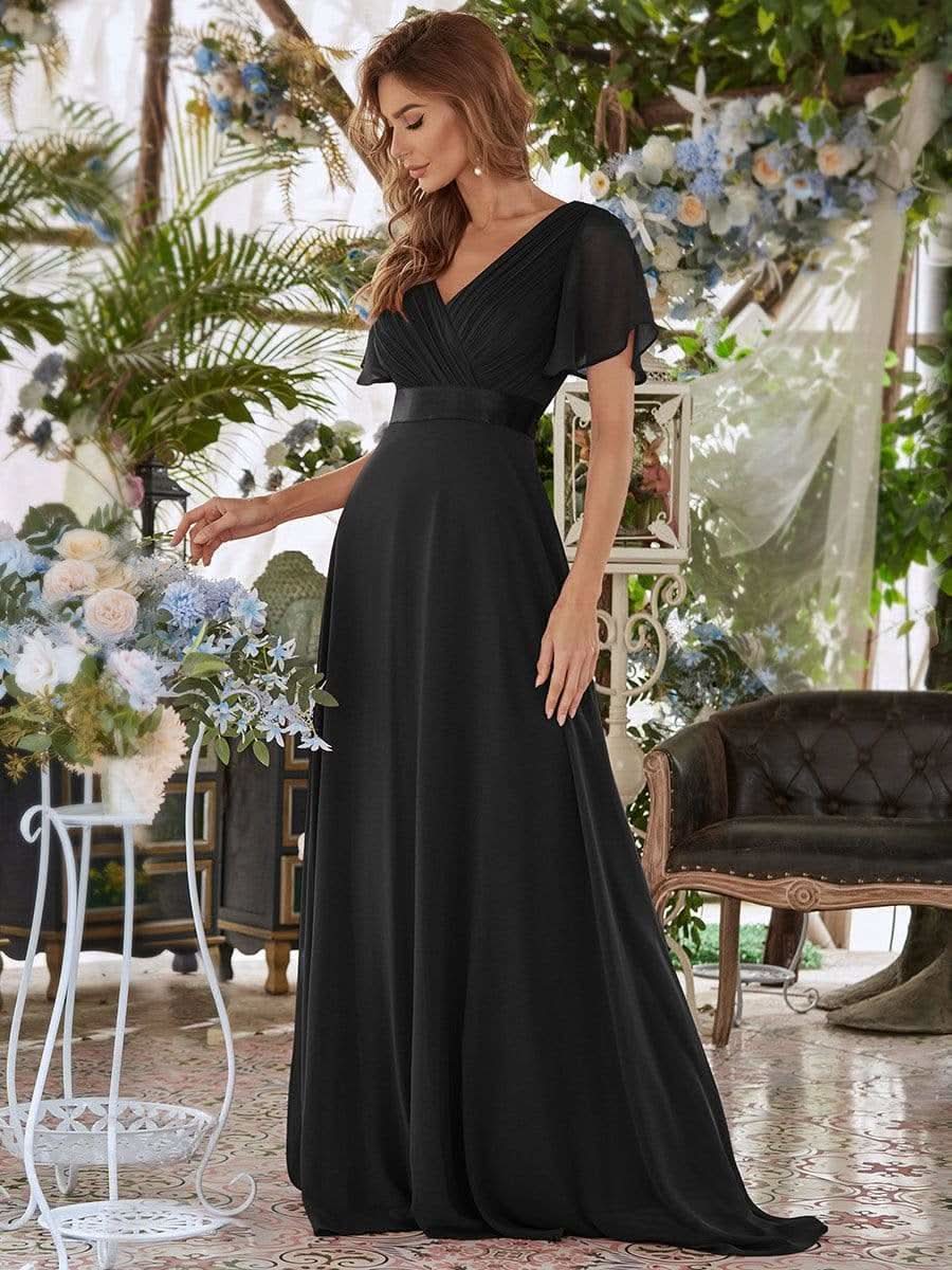 Langes Brautjungfernkleid mit Empire-Taille und kurzen, flatternden Ärmeln #Farbe_Schwarz