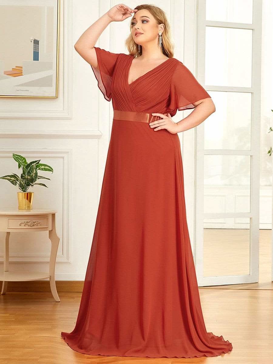 Langes Brautjungfernkleid mit Empire-Taille und kurzen, flatternden Ärmeln #Farbe_Gebrannte Orange