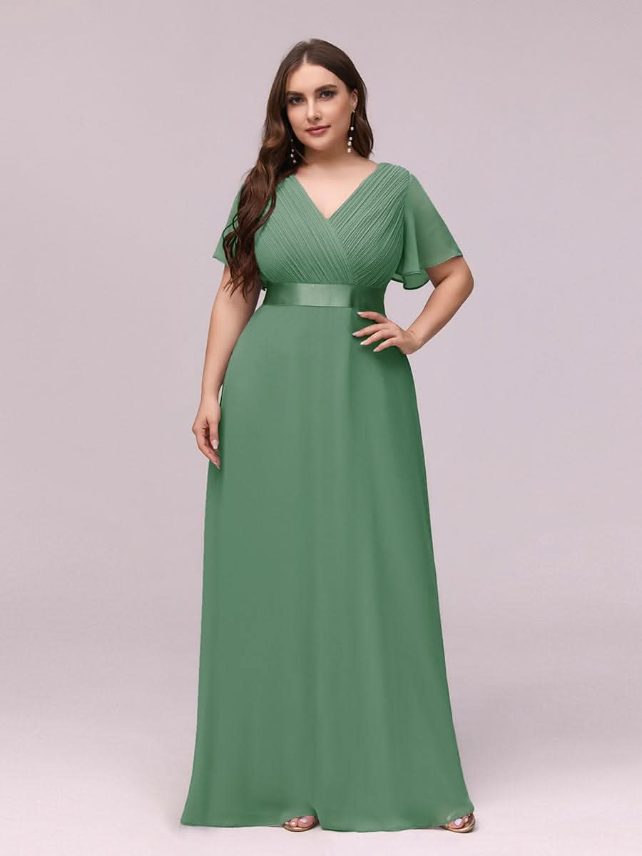 Langes Brautjungfernkleid mit Empire-Taille und kurzen, flatternden Ärmeln #Farbe_Khakigrün