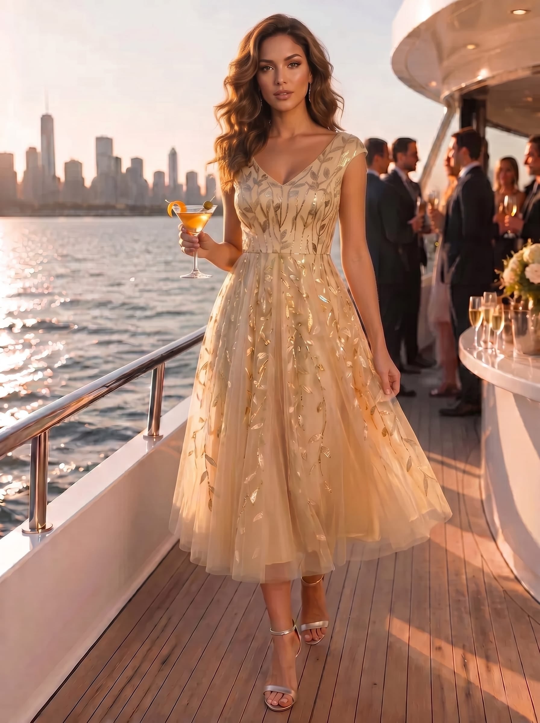 Midi Pailletten A-Linie Kleid Mit V-Ausschnitt Und Patchwork Details #Farbe_Gold