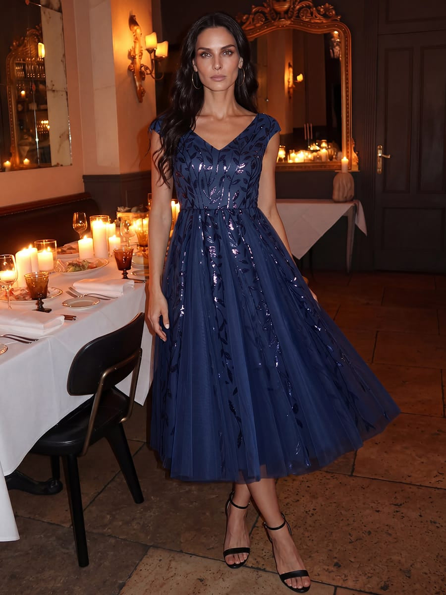 Midi Pailletten A-Linie Kleid Mit V-Ausschnitt Und Patchwork Details #Farbe_Marineblau