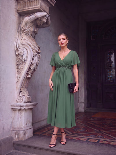Midi Länge V-Ausschnitt A-Linie Chiffon Kleid Mit Applikationen Und Raffung Details Kleid #Farbe_Eukalyptus
