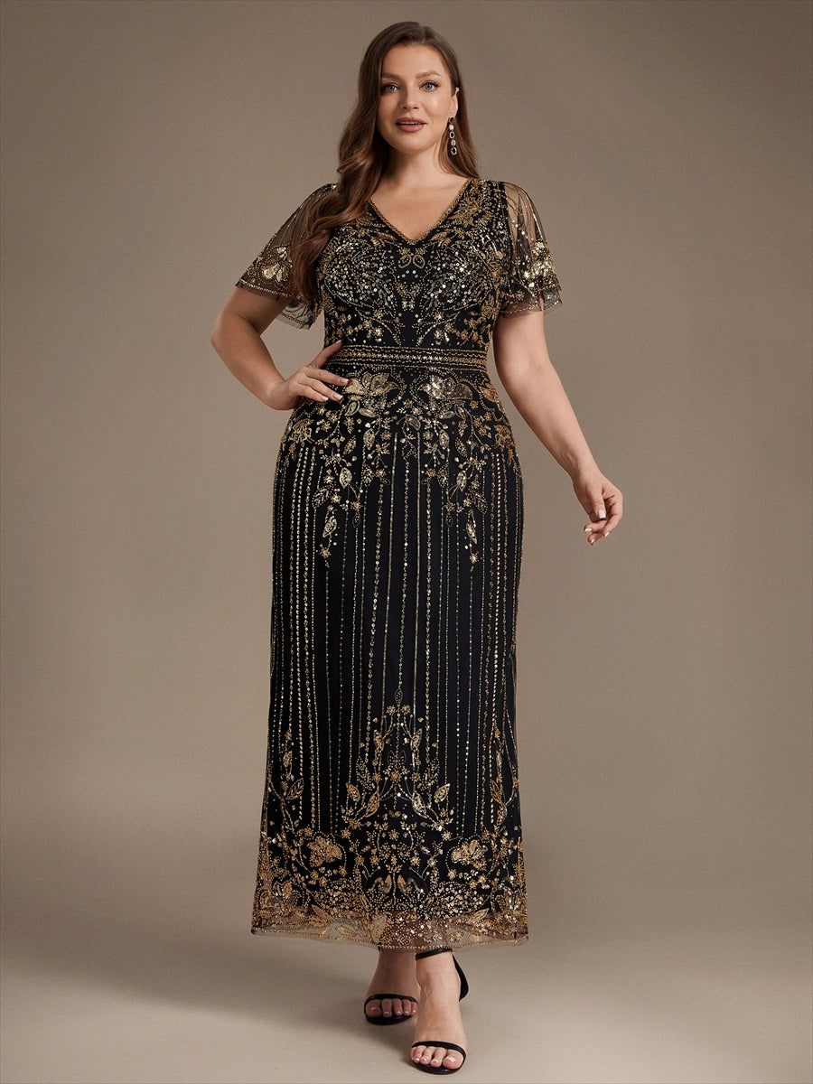 Tüll V-Ausschnitt Etui-Schnitt Volantärmel Reißverschluss hinten Kleid #Farbe_Schwarz & Gold
