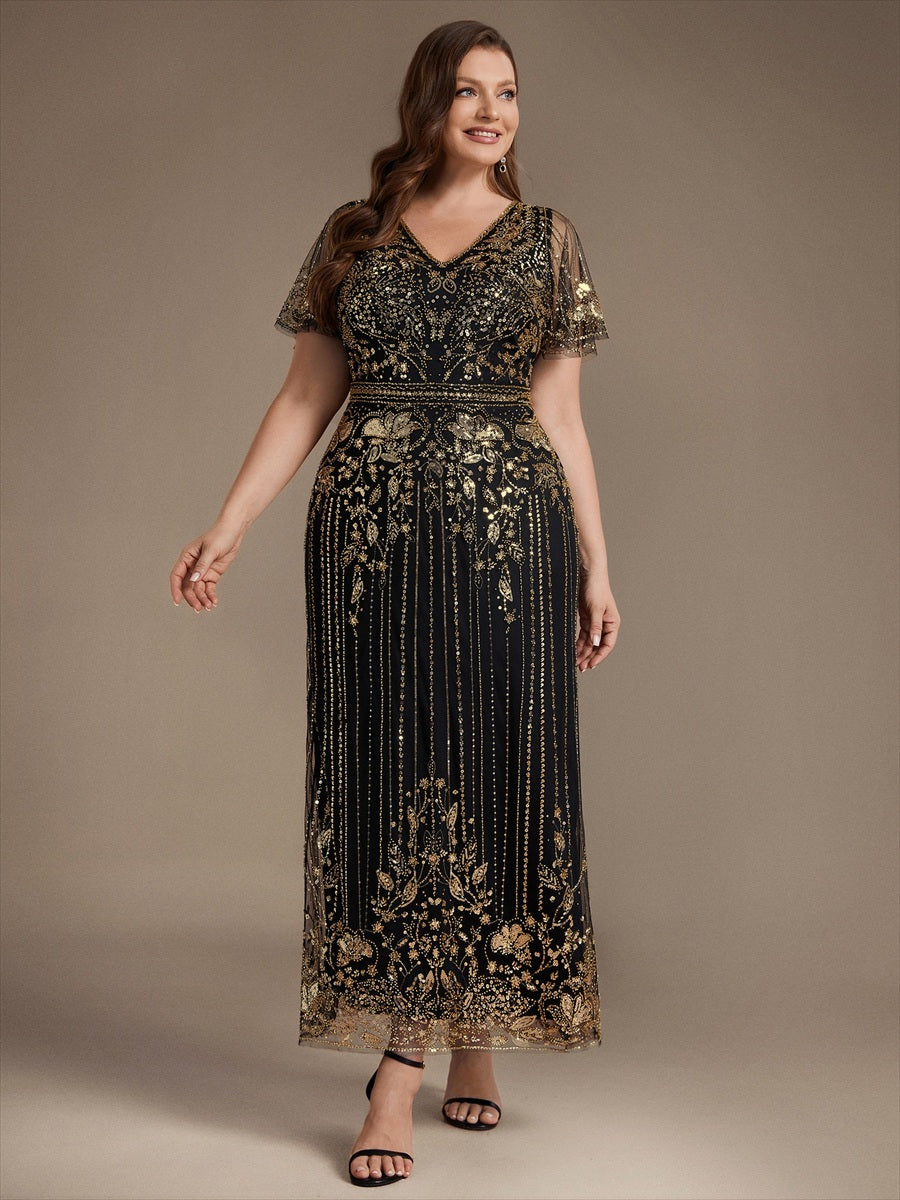 Tüll V-Ausschnitt Etui-Schnitt Volantärmel Reißverschluss hinten Kleid #Farbe_Schwarz & Gold