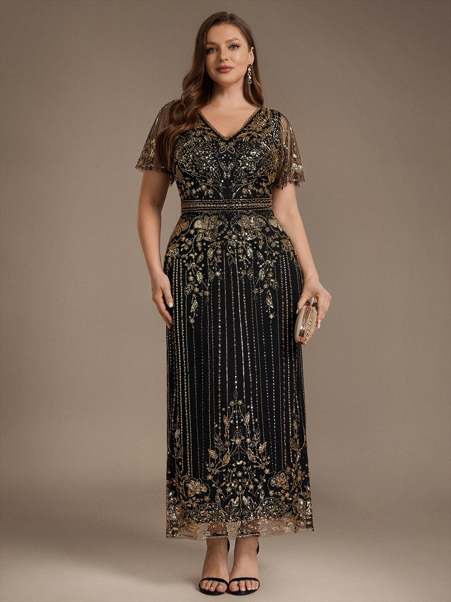Tüll V-Ausschnitt Etui-Schnitt Volantärmel Reißverschluss hinten Kleid #Farbe_Schwarz & Gold