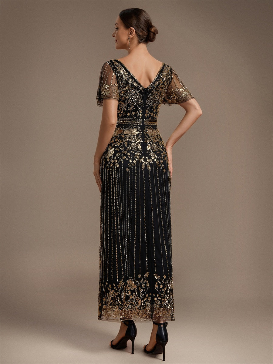Tüll V-Ausschnitt Etui-Schnitt Volantärmel Reißverschluss hinten Kleid #Farbe_Schwarz & Gold