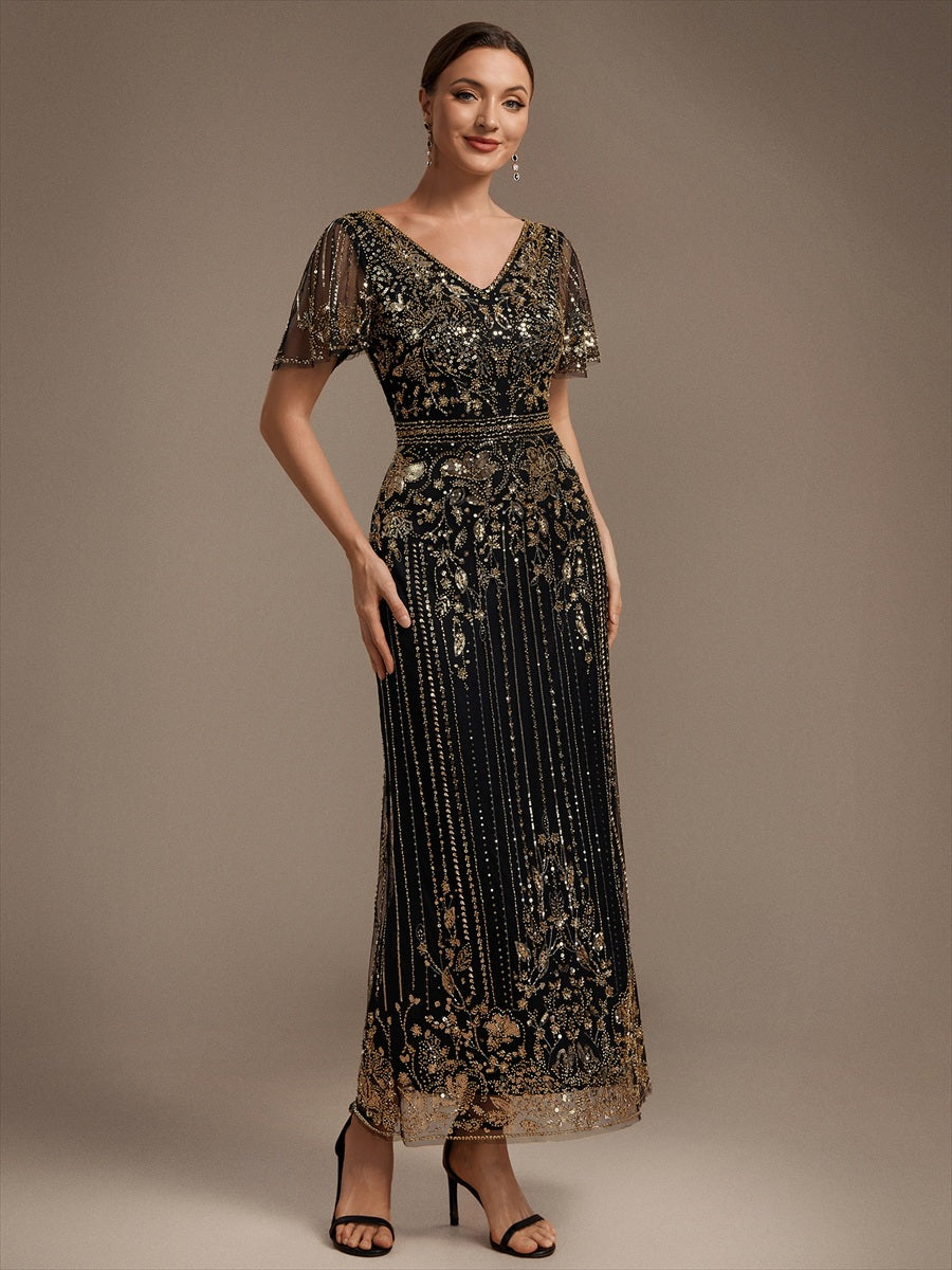 Tüll V-Ausschnitt Etui-Schnitt Volantärmel Reißverschluss hinten Kleid #Farbe_Schwarz & Gold