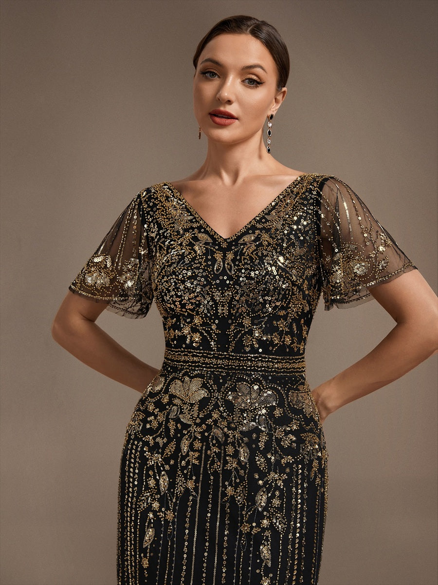 Tüll V-Ausschnitt Etui-Schnitt Volantärmel Reißverschluss hinten Kleid #Farbe_Schwarz & Gold
