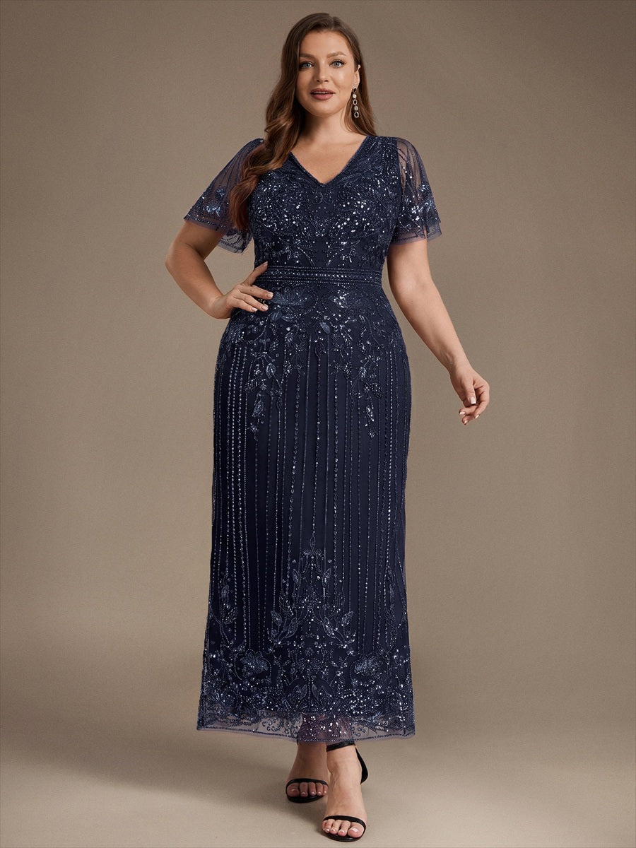 Tüll V-Ausschnitt Etui-Schnitt Volantärmel Reißverschluss hinten Kleid #Farbe_Marineblau