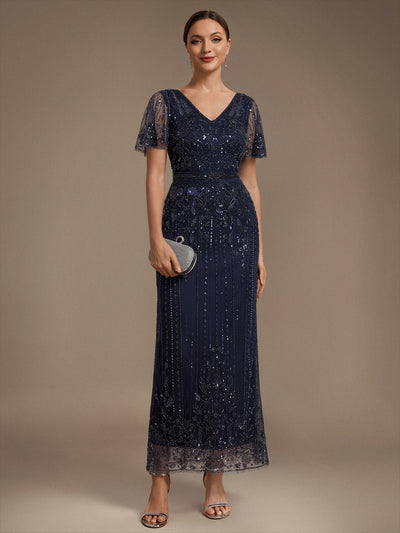 Tüll V-Ausschnitt Etui-Schnitt Volantärmel Reißverschluss hinten Kleid #Farbe_Marineblau