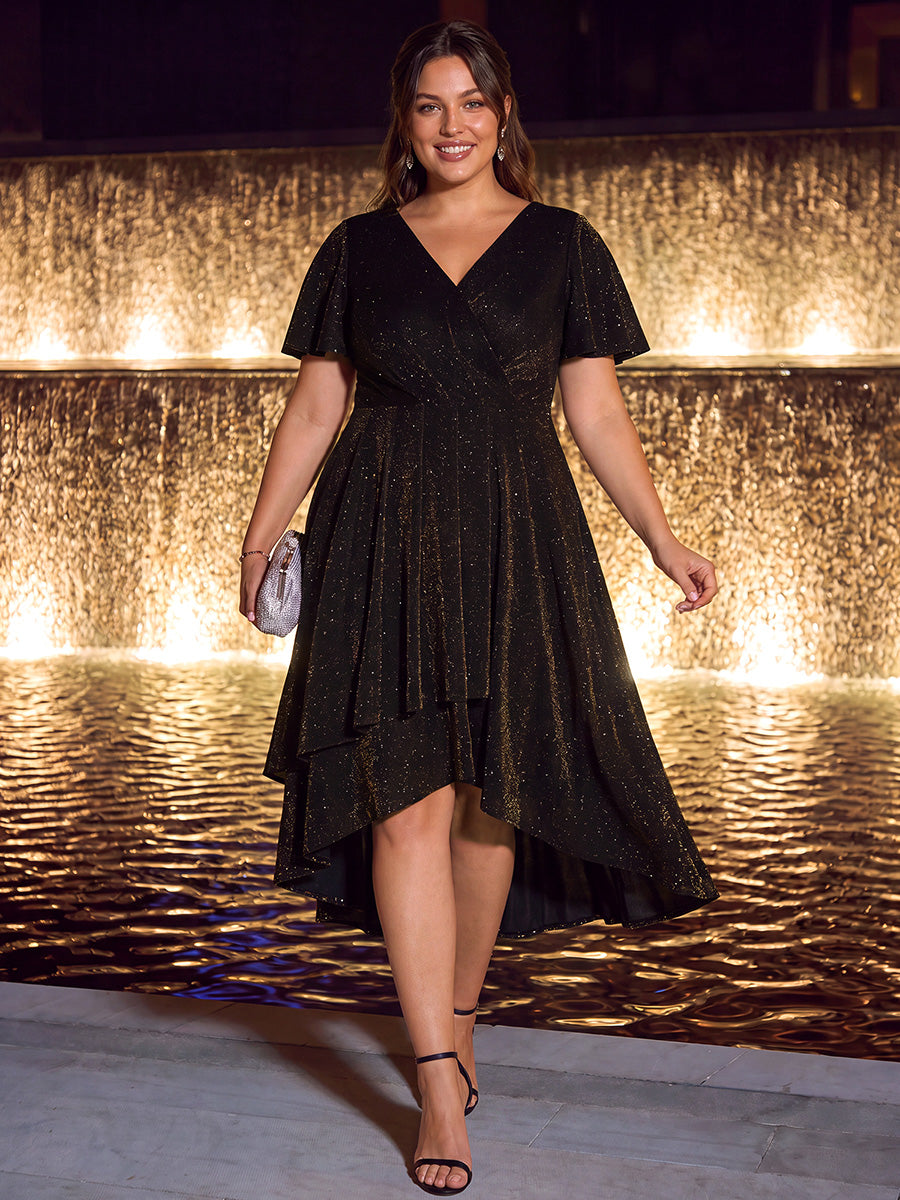Asymmetrischer Saum Kleid Überkreuzter Ausschnitt A-Linien Schnitt Lurex Netzstoff 3D Drapierung Taschentuchsaum #Farbe_Braun