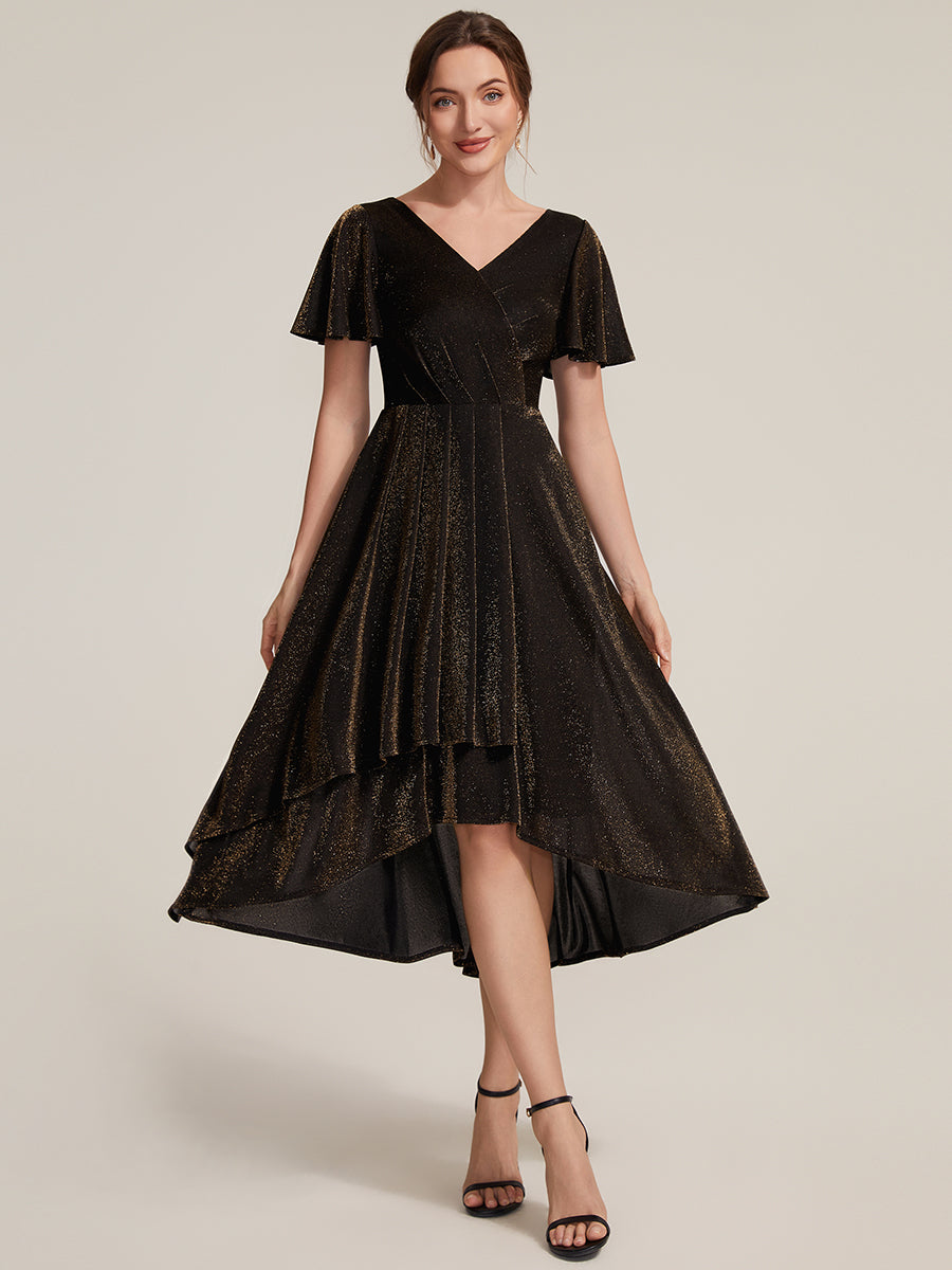 Asymmetrischer Saum Kleid Überkreuzter Ausschnitt A-Linien Schnitt Lurex Netzstoff 3D Drapierung Taschentuchsaum #Farbe_Braun