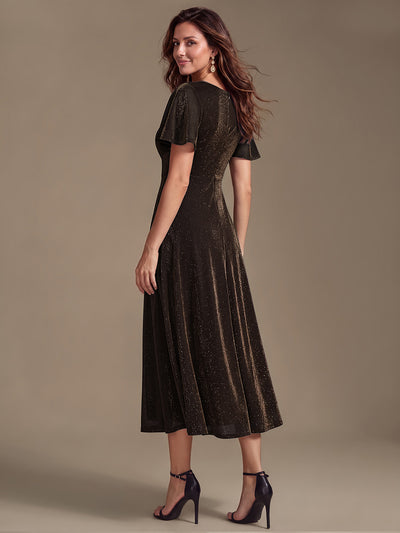 Asymmetrischer Saum Kleid Überkreuzter Ausschnitt A-Linien Schnitt Lurex Netzstoff 3D Drapierung Taschentuchsaum #Farbe_Braun