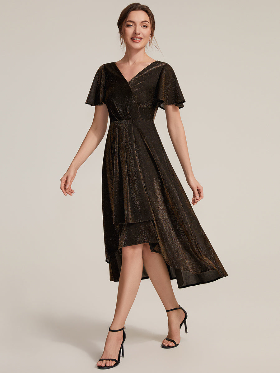 Asymmetrischer Saum Kleid Überkreuzter Ausschnitt A-Linien Schnitt Lurex Netzstoff 3D Drapierung Taschentuchsaum #Farbe_Braun