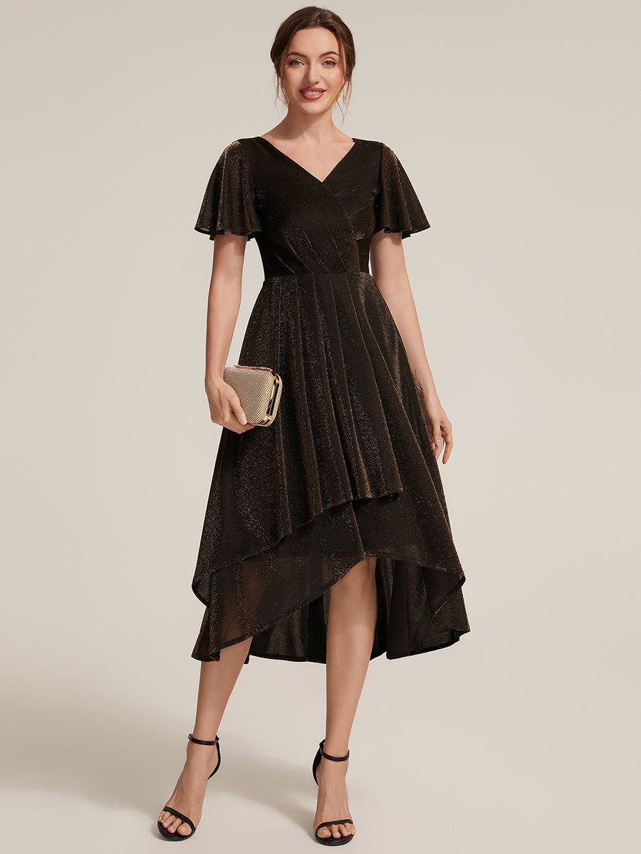 Asymmetrischer Saum Kleid Überkreuzter Ausschnitt A-Linien Schnitt Lurex Netzstoff 3D Drapierung Taschentuchsaum #Farbe_Braun