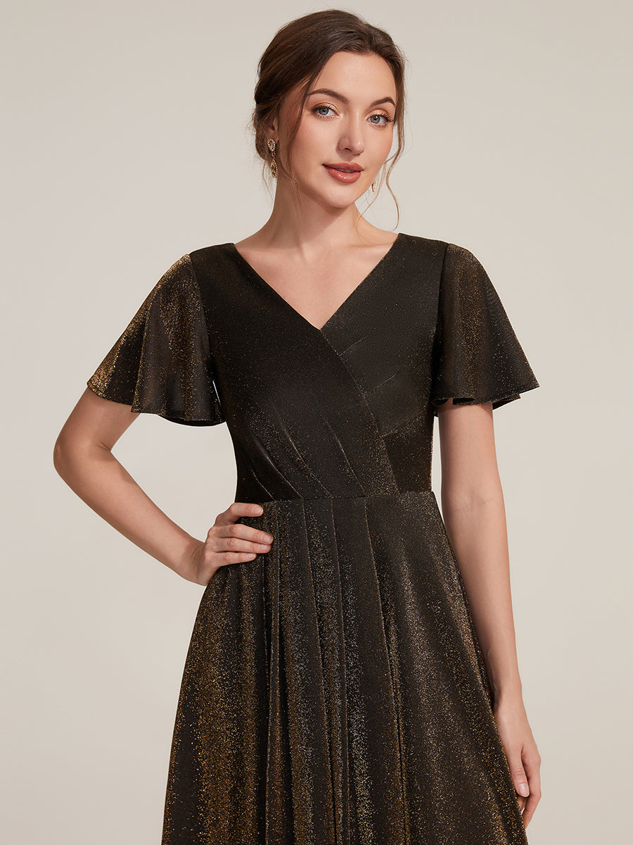 Asymmetrischer Saum Kleid Überkreuzter Ausschnitt A-Linien Schnitt Lurex Netzstoff 3D Drapierung Taschentuchsaum #Farbe_Braun