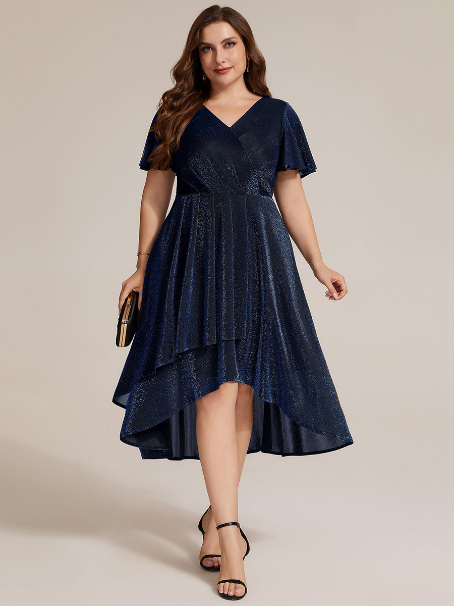Asymmetrischer Saum Kleid Überkreuzter Ausschnitt A-Linien Schnitt Lurex Netzstoff 3D Drapierung Taschentuchsaum #Farbe_Marineblau