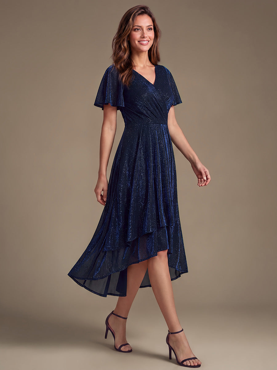 Asymmetrischer Saum Kleid Überkreuzter Ausschnitt A-Linien Schnitt Lurex Netzstoff 3D Drapierung Taschentuchsaum #Farbe_Marineblau