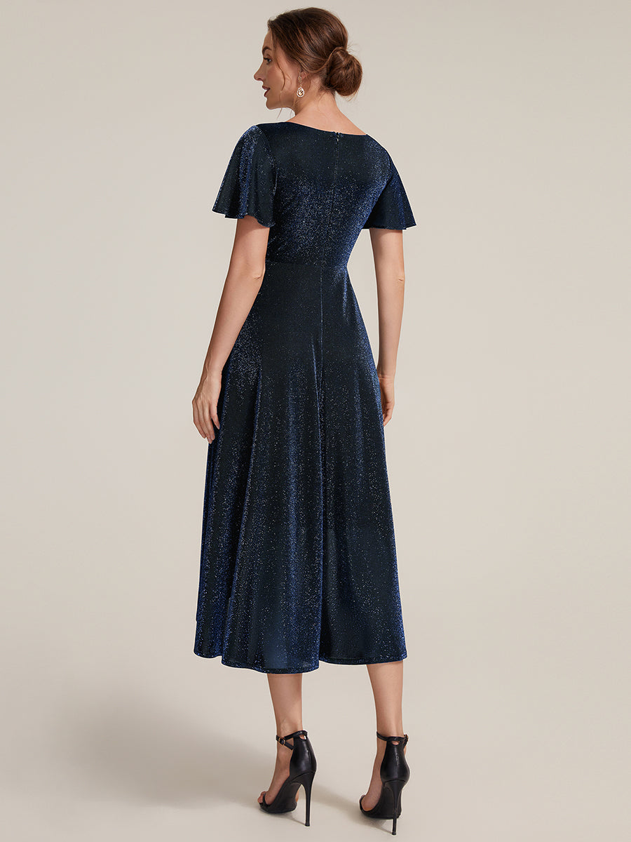 Asymmetrischer Saum Kleid Überkreuzter Ausschnitt A-Linien Schnitt Lurex Netzstoff 3D Drapierung Taschentuchsaum #Farbe_Marineblau