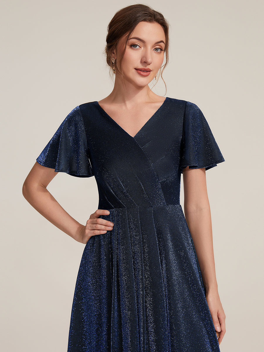 Asymmetrischer Saum Kleid Überkreuzter Ausschnitt A-Linien Schnitt Lurex Netzstoff 3D Drapierung Taschentuchsaum #Farbe_Marineblau