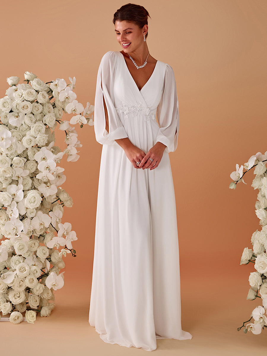 A-Linie Chiffon Lang mit Ärmel Brautmutterkleider #Farbe_Creme