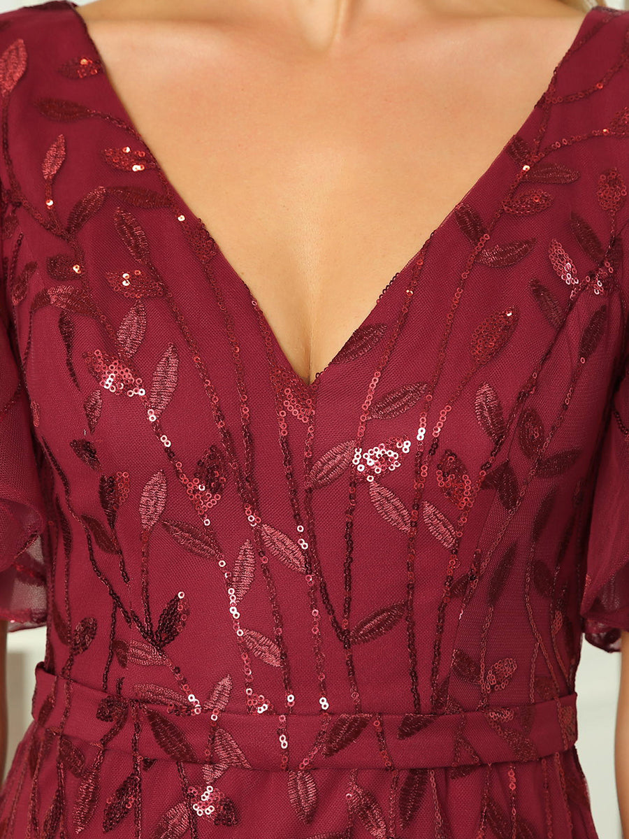 Bodenlanger Meerjungfrau Pailletten Kleid Mit Tiefem V-Ausschnitt Und Blumenmuster Elegantes Abendkleid #Farbe_Burgunderrot