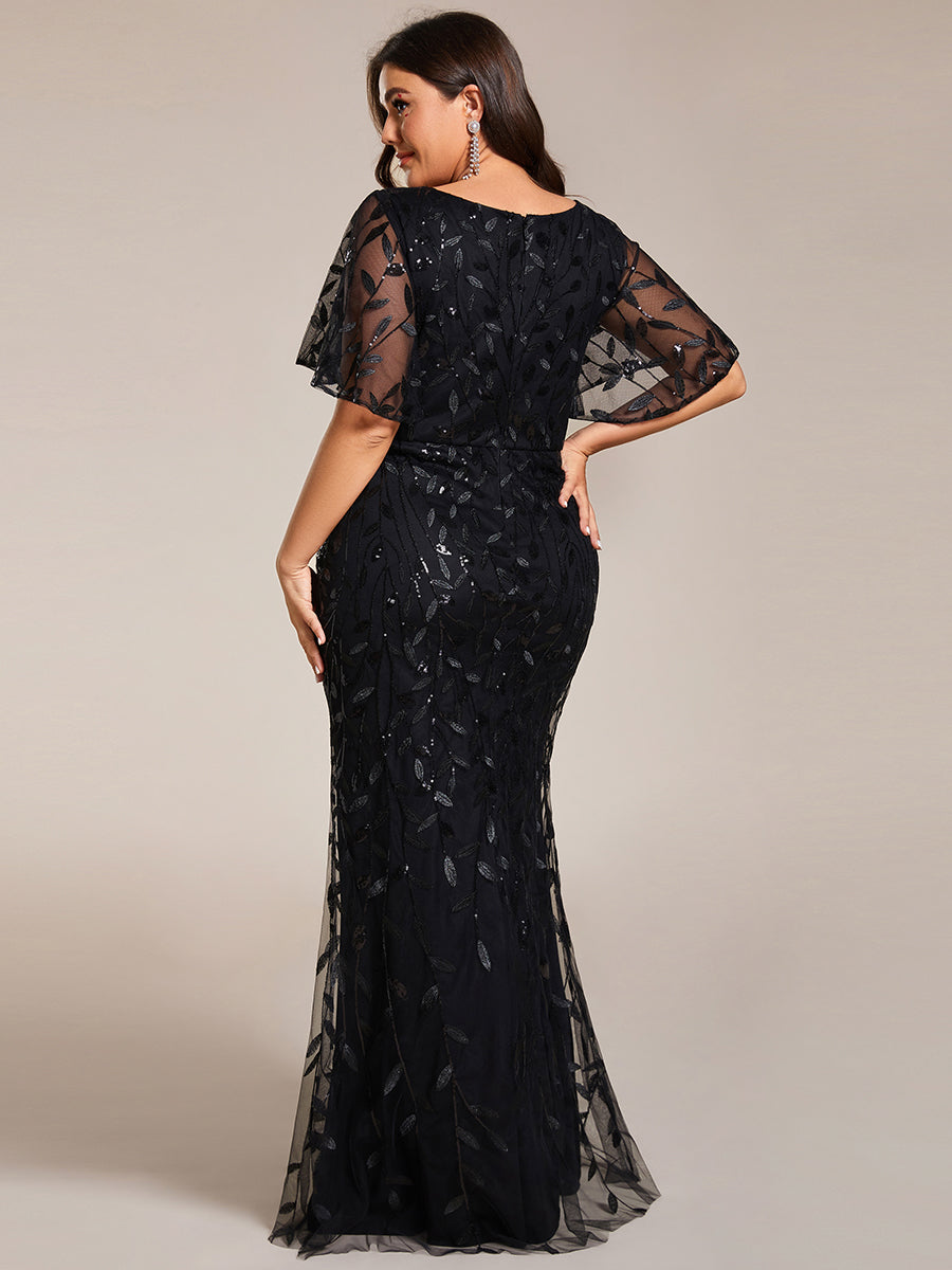 Bodenlanger Meerjungfrau Pailletten Kleid Mit Tiefem V-Ausschnitt Und Blumenmuster Elegantes Abendkleid #Farbe_Schwarz
