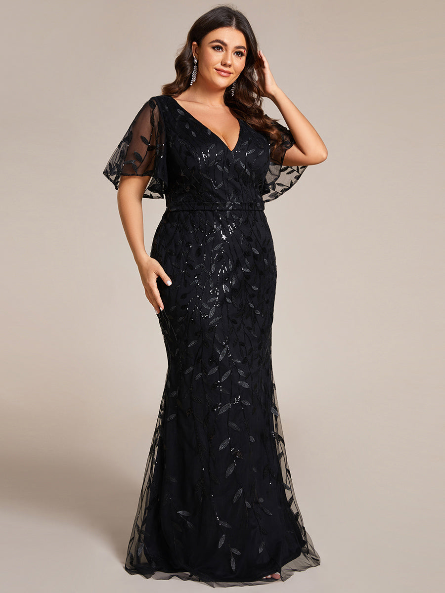 Bodenlanger Meerjungfrau Pailletten Kleid Mit Tiefem V-Ausschnitt Und Blumenmuster Elegantes Abendkleid #Farbe_Schwarz