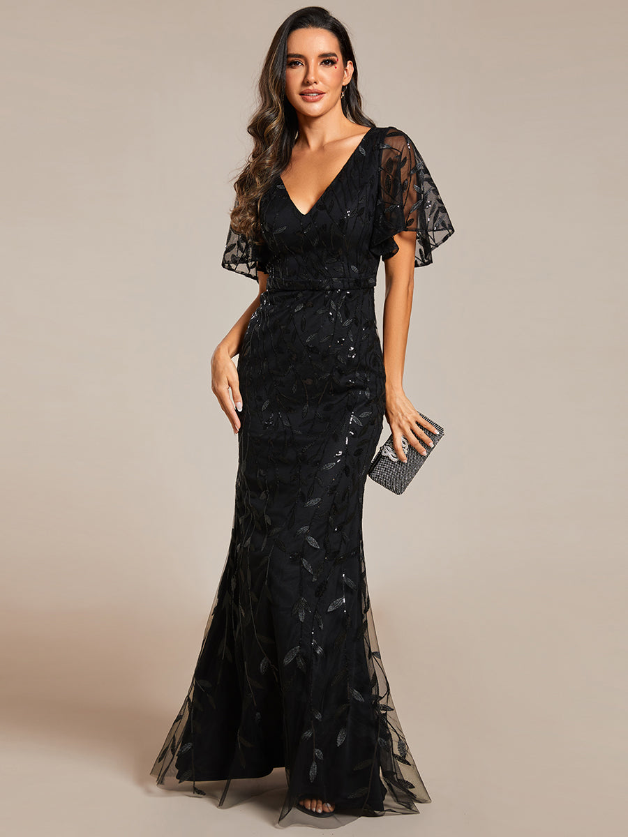 Bodenlanger Meerjungfrau Pailletten Kleid Mit Tiefem V-Ausschnitt Und Blumenmuster Elegantes Abendkleid #Farbe_Schwarz