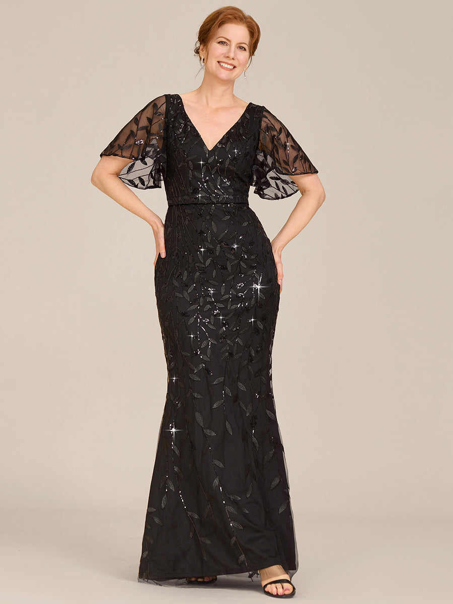 Bodenlanger Meerjungfrau Pailletten Kleid Mit Tiefem V-Ausschnitt Und Blumenmuster Elegantes Abendkleid #Farbe_Schwarz