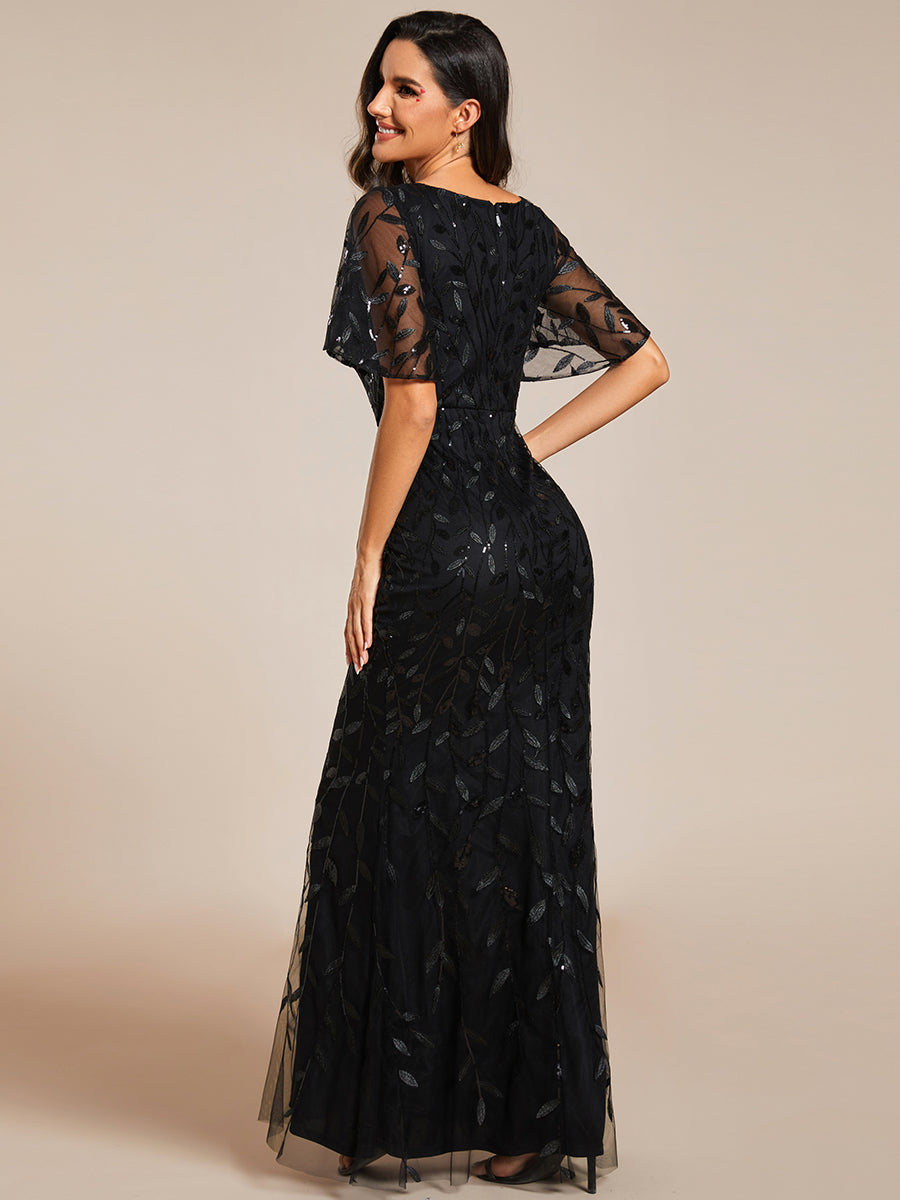 Bodenlanger Meerjungfrau Pailletten Kleid Mit Tiefem V-Ausschnitt Und Blumenmuster Elegantes Abendkleid #Farbe_Schwarz